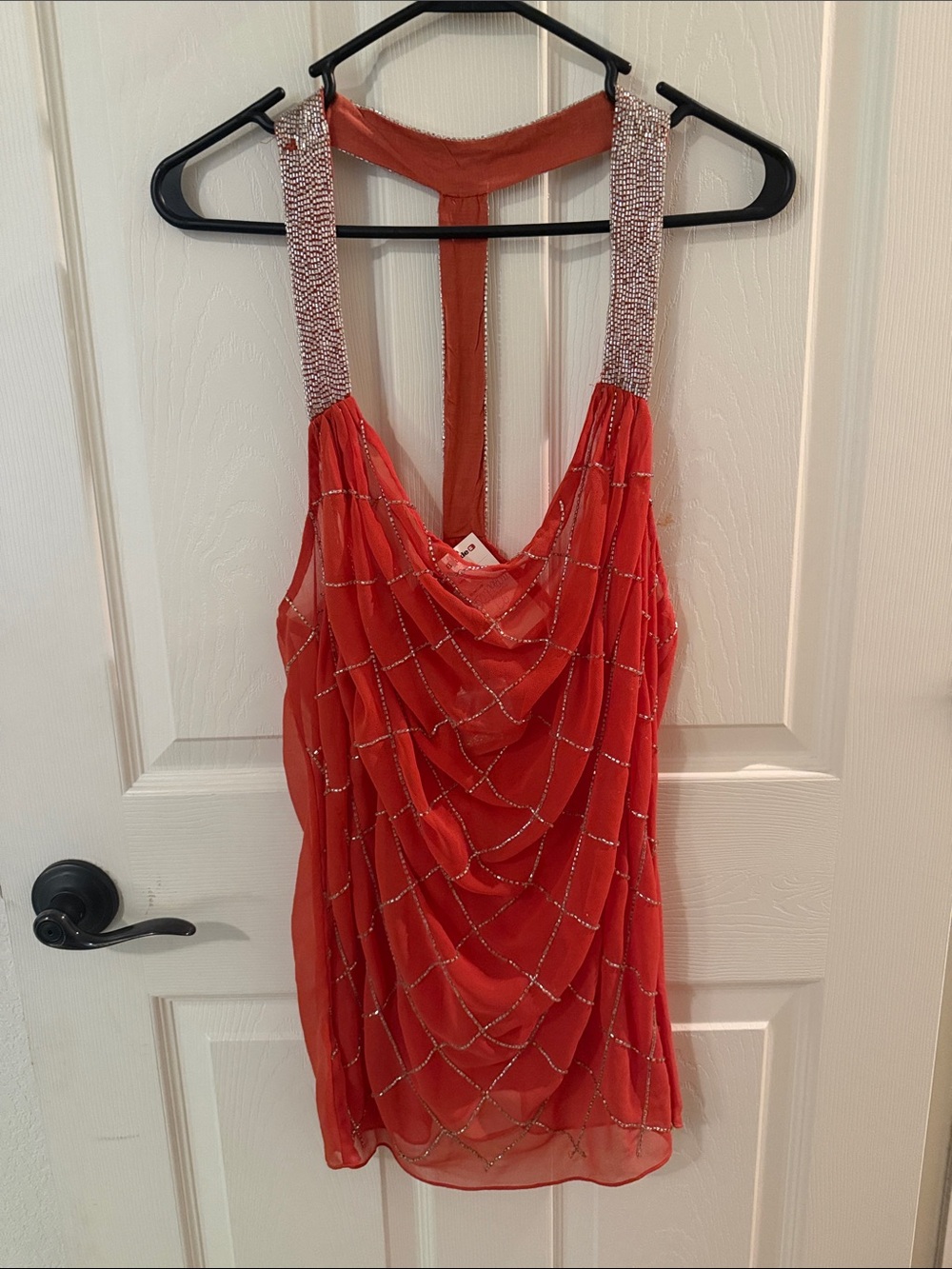 BKE Boutique Beaded Strap burnt orange tank top  with Draped Overlay